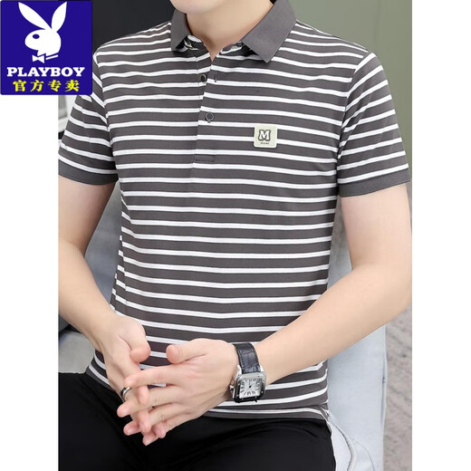 花花公子（PLAYBOY）纯棉polo衫男士短袖t恤条纹翻领上衣夏季新款高档商务有领体恤衫 TB-QY753灰白 L 【建议120-135斤】