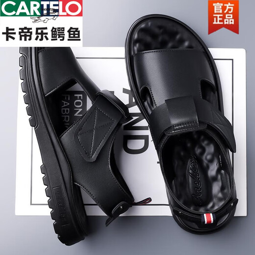 CARTELO Sandals Men's genuine leather 2025 new summer breathable non-slip outdoor beach shoes casual thick-soled driving sandals CLP6189 black 38