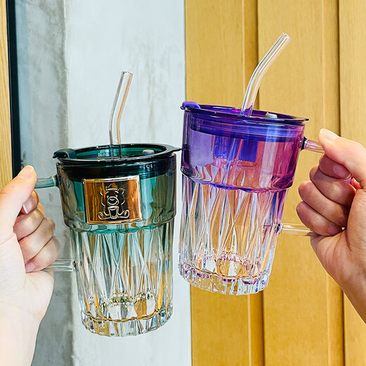 FancyChic [6174] Europäische elektroplierende farbige Glaswasserbecher verdickte Blei-Blei-Gurt-Griff-Griffe Anti-Scenging Strohbecher Diamant Ins High Purple Griff + Deckel + Strohhalm + Strohhalm