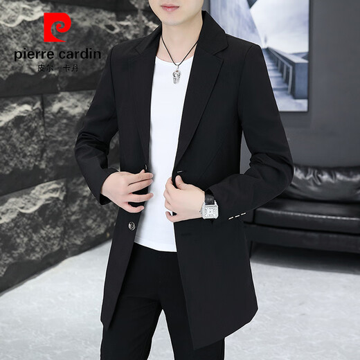 皮尔卡丹（pierre cardin）男士风衣中长款春季新款春秋装外套修身休闲西装男款大衣服西服潮 7702黑色 L (110-130斤)