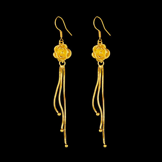 GRAYCEWODY Old Phoenix 999 Gold Rose Earrings Women's 24K Pure Gold Long Tassel Earrings Middle-aged Earrings 0.01g Old Phoenix Gold Store Style Rose Flower Earrings