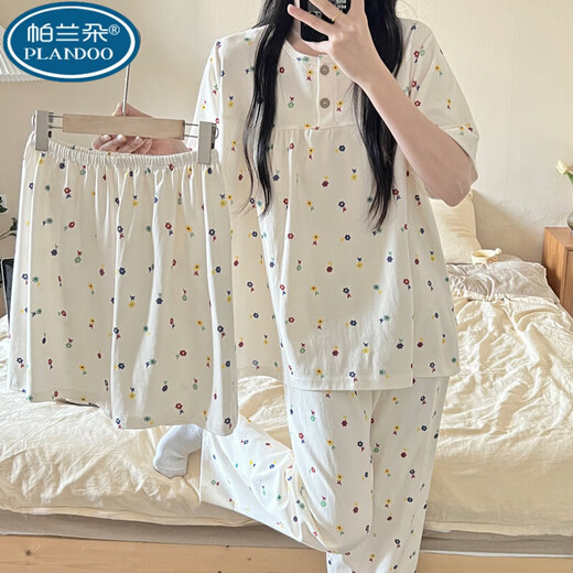 帕兰朵棉绸睡衣女夏季三件套短袖长裤甜美可外穿家居服套装薄款宽松舒适 QSM三件套-S761樱桃熊短袖+短裤断码精品特价 M码[80-100斤]专柜正品牌 均码