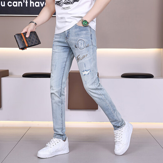 Gezan Printed Diamond Jeans Men's 2025 Spring and Summer New Pants Men's Trendy Men's Slim Small Feet High-end Casual Light Blue 9855 30 (2 feet 3)