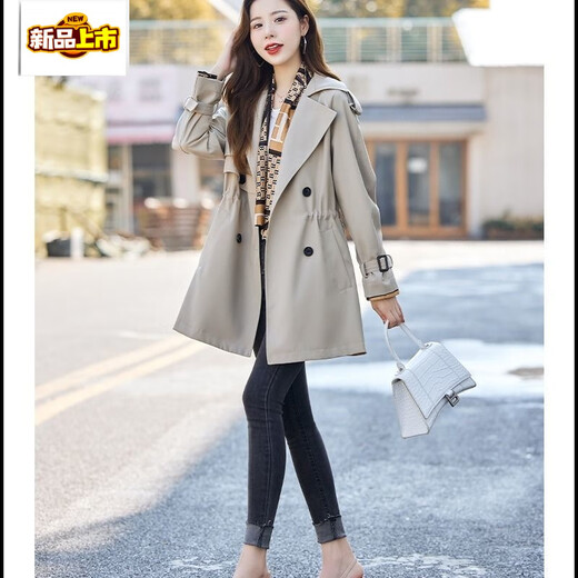First diameter lined medium-length windbreaker jacket for women spring and autumn 2026 new Korean style loose large size coat for small people coffee color (with lining and scarf) M (105Jin Jin is equal to 0.5 kg)