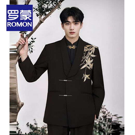 ROMON New Chinese Style Gold Collar Suit Men's Engagement Wedding Groom Embroidered Tang Suit Chinese Style Host Banquet Suit Men's New Chinese Style Jacket + Pants XL (Recommended 155-170 Jin Jin equals 0.5 kg)