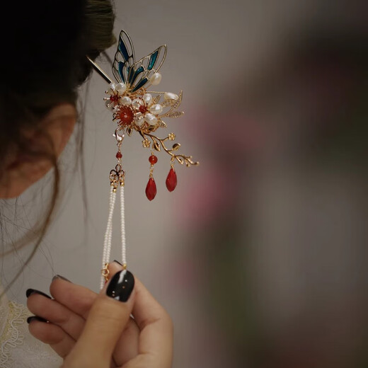 鹿珊伍新娘发饰女发簪简约现代丸子头盘发国风旗袍红色新款头配饰秀禾服 蓝蝴蝶簪子