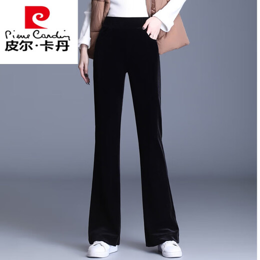 皮尔卡丹金丝绒微喇叭裤女春秋2025新款高腰显瘦直筒阔腿丝绒裤子女裤加绒 3886 黑色  加绒 长裤 加厚 S 【85-100斤】