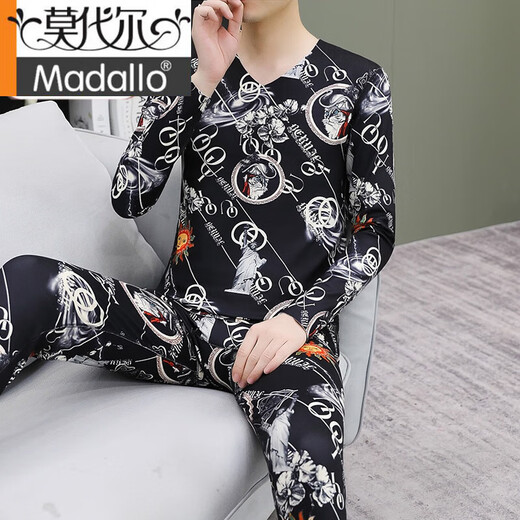 Modal Winter German Velvet Thermal Underwear Men's Suit Plus Velvet Thickened Autumn Clothes and Autumn Pants Trendy Brand Printed Slim Bottoming Shirt Khaki L (85-109Jin Jin is equal to 0.5kg)