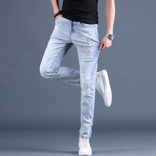 
Yunhan Ye Fashion Brand High-end Spring and Summer Thin Printed Ripped Trendy Light Colored Dart Jeans Men's Trendy Fashion Slim and Every Match Light Blue 3890 Crown Ripped Pants 28 [Suggested 90-105Jin [Jin equals 0.5 kg]]