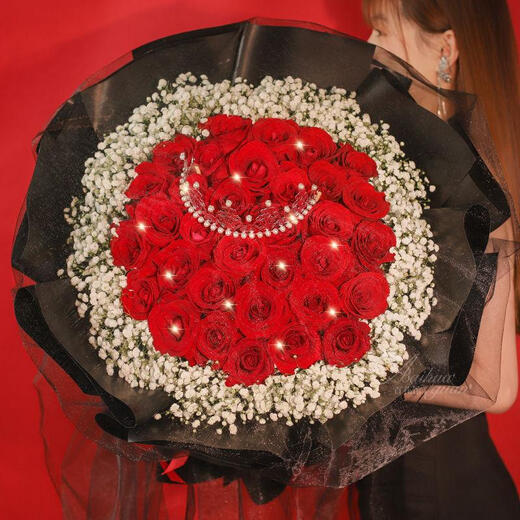 Baihua Pavilion Flowers Red Roses and Gypsophila Real Bouquet Birthday Gift for Girlfriend to Confess to My Wife City Delivery Within Hours Sansheng Sanshi 33 Red Roses + Gypsophila + Crown | dyg03