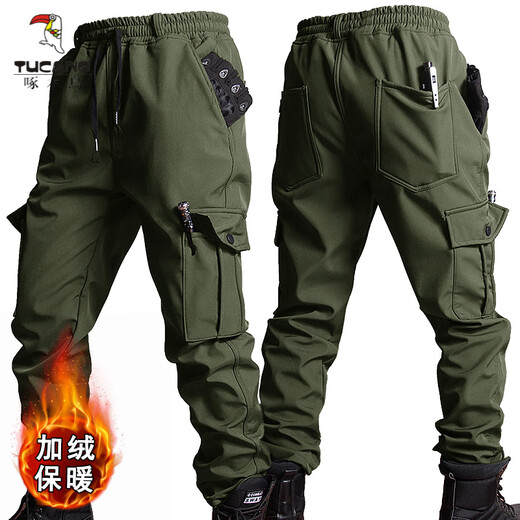 啄木鸟（TUCANO）户外软壳冲锋衣套装男加绒加厚夹克工作服防风钓鱼骑行服保暖冬季 军绿 S 165(100-120斤)