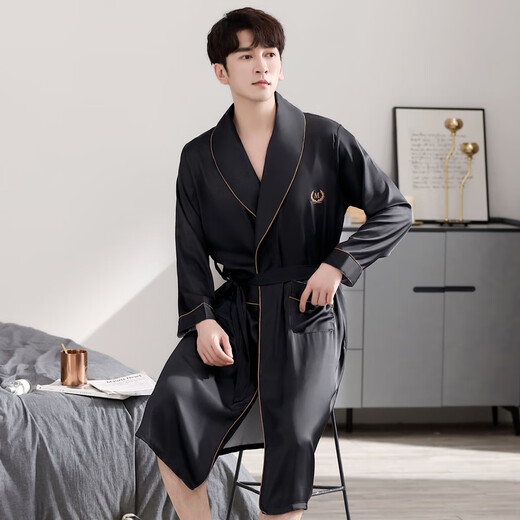 
Modal nightgown men's summer thin ice silk pajamas men's long yukata bathrobe one-piece large size loose home clothes spring and autumn dark black [ice silk breathable, delicate and smooth] XL [recommended 130-150Jin [Jin equals 0.5 kg]]