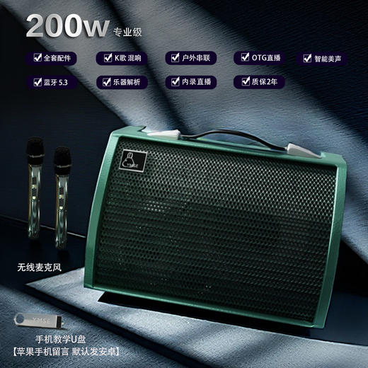 Yamiser's new high-power outdoor karaoke audio instrument guitar electric blowpipe playing and singing portable Bluetooth speaker dedicated for recording live broadcasts 200 watts for outdoor and indoor use + 2U segment microphone + U disk