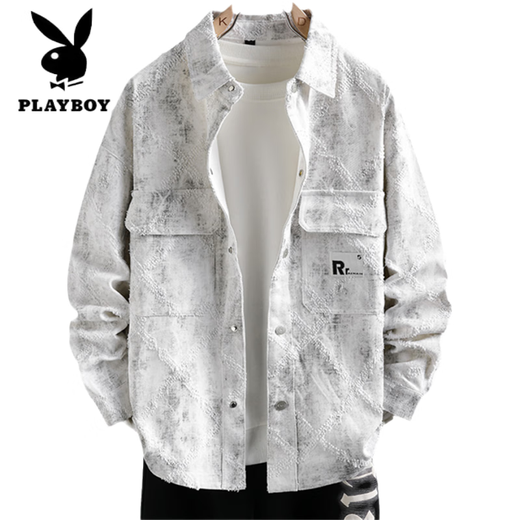花花公子（PLAYBOY）牛仔外套男生春秋季新款青少年衬衫夹克初高中学生男装潮流士上衣 16823白色 XL (115-130斤左右)