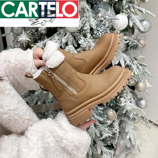 
CARTELO white snow boots women's fur integrated 2025 winter thick sole plus velvet thickened medium tube Martin short boots cotton shoes beige 37