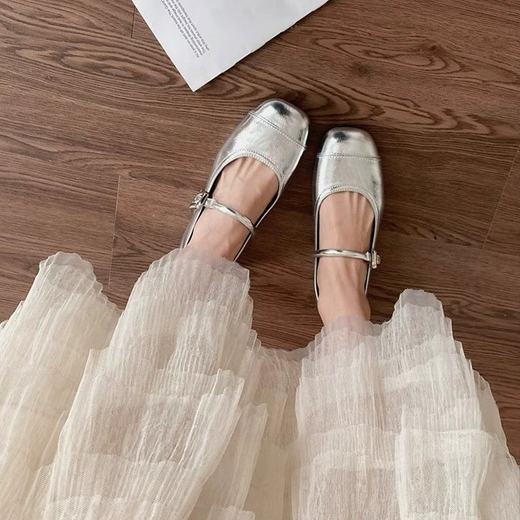 Zapatos lisos mary zhen para mujeres plateados zapatos de solo luz plana francesa zapatos de cuero pequeño zapatos de cuero pequeño zapatos de abuela de un pie con falda zapatos de solo boca de luz