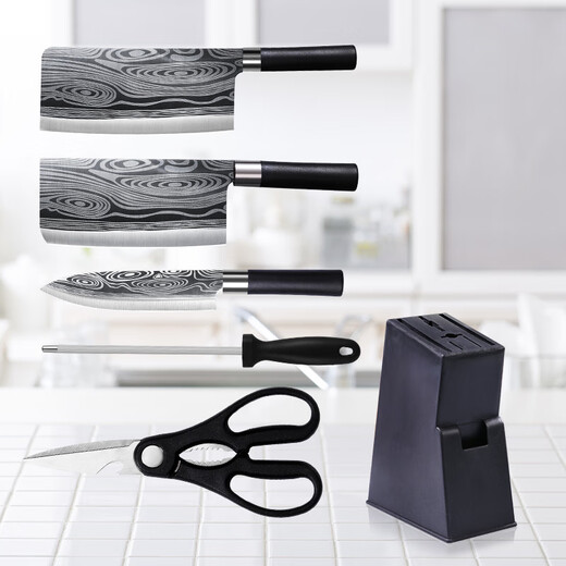 Fat Dong Lai Supermarket complete set of home kitchen knife combination stainless steel household vegetable cutting knife running Jianghu bone knife pattern bone chopping knife 6-piece set including knife holder