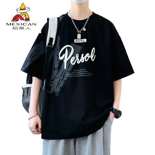 Scarecrow (MEXICAN) Junior high school students 12-15 years old handsome short-sleeved 13 summer pure cotton t-shirt 14 fat big children men's half-sleeved top 693 black (single short-sleeved) quality assurance M (70-90Jin [Jin equals about 0.5 kg])