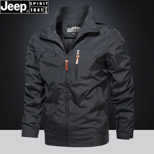 JEEP SPIRIT吉普春秋季休闲运动外套男士大码百搭户外防水冲锋.衣中青年连帽 黑色9928 XL