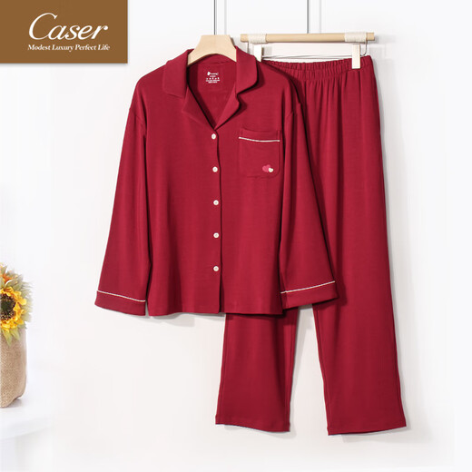 caser凯撒女磨绒家居服春秋冬羊绒蛋白翻领长袖长裤睡衣BI51-3886 丝绒红 3XL 175