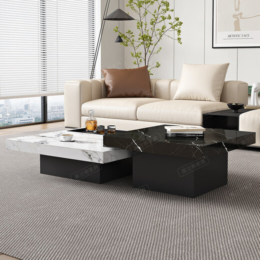 YWZR Italian minimalist rock slab coffee table light luxury modern simple living room marble small apartment square high and low combination 80*80*45 small coffee table +120*120*3524 door-to-door installation
