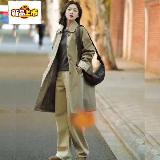 Chujing Casual Versatile Khaki Windbreaker 2025 Spring and Autumn New Temperament Loose Slim Medium Long Jacket Tobacco Khaki Windbreaker 2408 XS