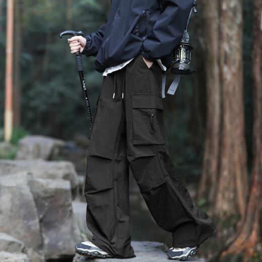 Swamp -Gebiet Fallschirmjäger Ladehose Herren Frühling und Sommer Dünne Falten -Wanderhosen Gerade Sport und ungezwungene Eisseide WS701 Schwarz S