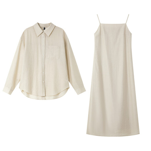 
Vanciman Fashion Casual Sling Dress Set Women's 2025 Summer New Loose All-Matching Shirt Two-Piece M9853 Gray Apricot M
