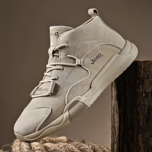 Jeep men's shoes 2025 new spring high-top shoes for men's sports warm casual shoes for men's leather Martin boots sand color (recommended by the store manager) 38 [Recommended to take a small size]