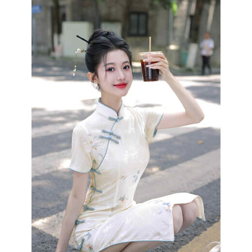 以欧（YIOU）高考送考新中式日常可穿小个子中长款旗袍新款夏季改良年轻款1584 图片色 M