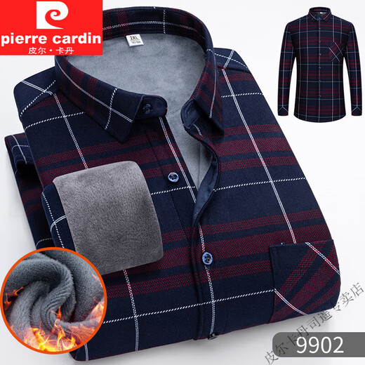 Pierre cardin autumn and winter new warm shirt for men plus velvet thickened long-sleeved plaid shirt middle-aged casual versatile jacket 9903 2XL 165