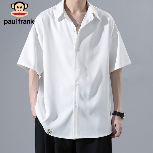 大嘴猴（paul frank）短袖衬衫男夏季宽松垂感衬衣男士外套痞帅休闲短袖 黑色 XL 