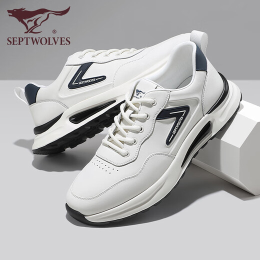 Zapatos para hombres de siete lobos para zapatos casuales de cuero de verano para zapatillas de alto rango de suela gruesa para hombres zapatos blancos de moda y versátiles de viaje blanco/azul 1049 39