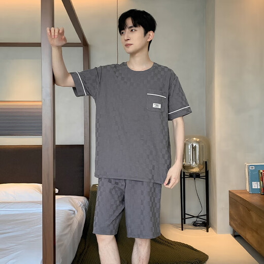 2025 Neue Pyjamas Herren Sommer kurzärmelige Baumwollanzug Jacquard Koreanische Shorts lässige Sommer-Heimkleidung kann außerhalb von 9202 l getragen werden [100-130jin [Jin entspricht 0,5 kg]]
