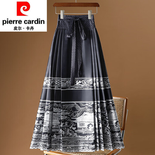 皮尔卡丹（pierre cardin）新中式国风马面裙女春春秋2025一片式长裙汉服遮胯百褶半身裙针织 9893黑色 均码