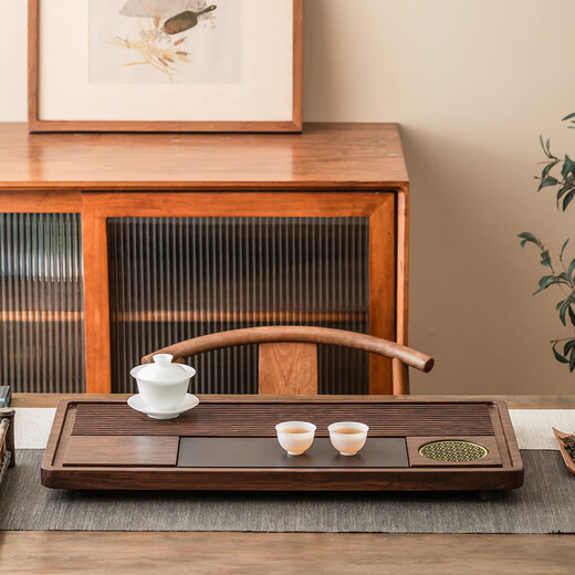 Haofeng 2025 New Solid Wood Tea Tray Household Tea Maker Tea Table Ebony Pattern Tea Tray Drainage Tea Set Mid-Autumn Festival Gift