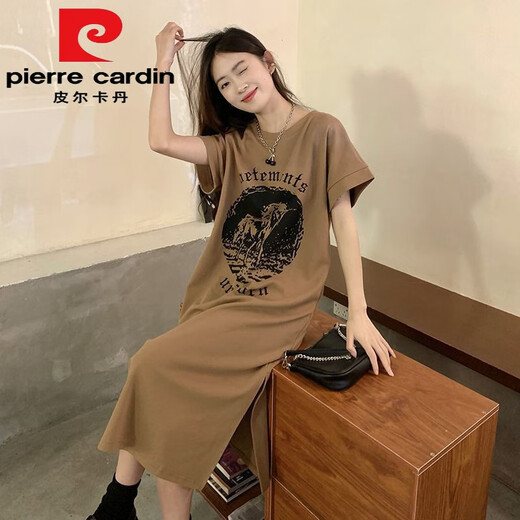 皮尔卡丹（pierre cardin）纯棉长款过膝懒人连衣裙女宽松外穿夏季新款遮肉短袖t恤裙子开叉 761-咖啡色 (纯棉)今年流行的轻 M