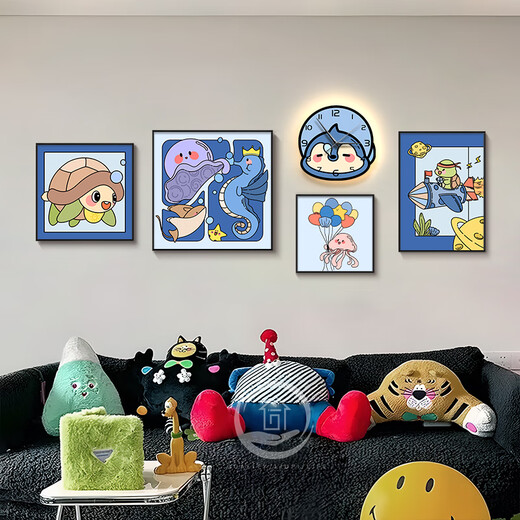 定制胺客厅装饰画卡通动物高级感沙发背景墙挂画儿童房壁画带钟表 LP-A1049 37*37+58*58+37*37+钟表30*29