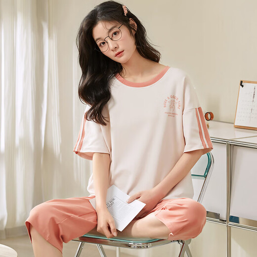 睡衣女士夏季纯棉薄款可爱短袖七分裤大码春秋两件套装学生家居服 翠绿色 短袖七分裤-L6623 M 女【80-100斤】