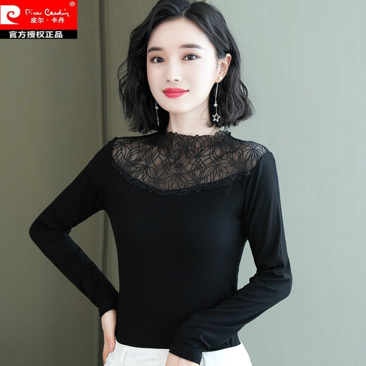 皮尔卡丹黑色洋气打底衫女长袖薄款修身小衫春秋装新款内搭立领蕾丝上衣 7027黑 波点多边形领长袖 均码 (90斤-135斤)