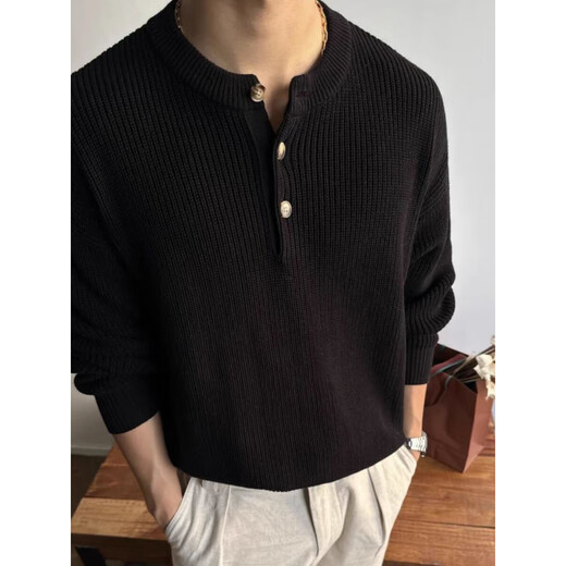 Liu Chaobu Old Money Style Henley Collar Sweater Men's Loose Long-Sleeved Sweater Knitted Sweater Henley Shirt Khaki XL