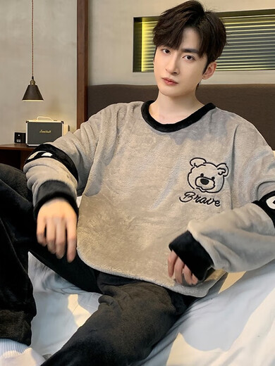 
Pajamas men's autumn and winter flannel thickened warm round neck cartoon students among young people loose men's home clothes WYEX3890 3XL (recommended 155-175Jin [Jin equals 0.5 kg]) All size