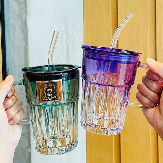 FancyChic [6174] Europäische elektroplierende farbige Glaswasserbecher verdickte Blei-Blei-Gurt-Griff-Griffe Anti-Scenging Strohbecher Diamant Ins High Purple Griff + Deckel + Strohhalm + Strohhalm