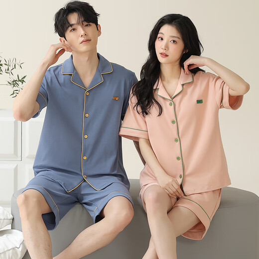 
LangSha couple pajamas summer short-sleeved shorts simple cardigan can be worn outside for men and women's cotton home clothes summer X12706-12806 3XL men's style