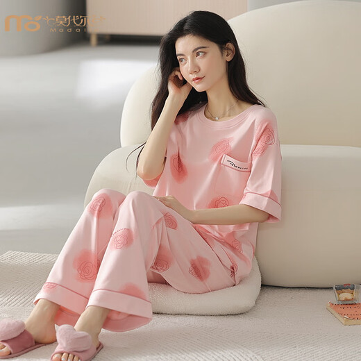 莫代尔睡衣女夏季棉短袖长裤薄款棉夏天女士家居服套装春秋季 YZT9715 短袖长裤 M 80-100斤