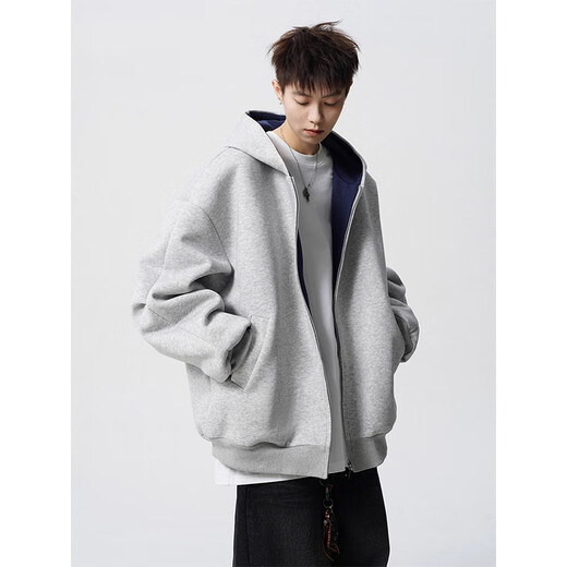 Heavy zipper cardigan sweatshirt for men and women spring American loose couple hoodie vibe high street casual hooded jacket gray spring and autumn 400g single side wear XL recommended 130-150Jin Jin equals 0.5 kg