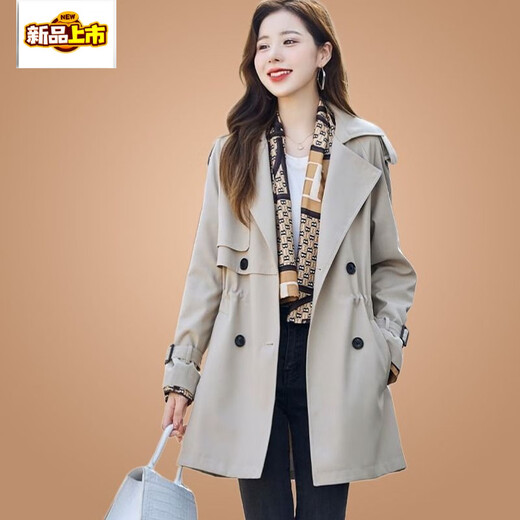 First diameter lined medium-length windbreaker jacket for women spring and autumn 2026 new Korean style loose large size coat for small people coffee color (with lining and scarf) M (105Jin Jin is equal to 0.5 kg)