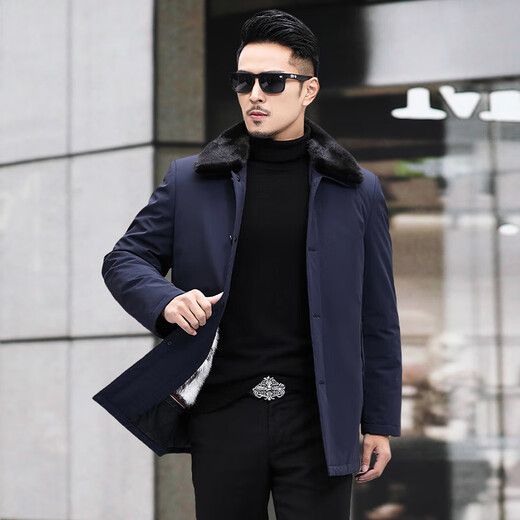 巴宝朗真貂皮毛一体内胆尼克服貂皮大衣男中长款翻领派克服中老年爸爸款 深蓝色+黑色整貂内胆+兔毛袖 L (170)