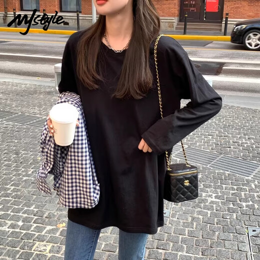 MJ STYLE长袖开衩T恤女2026春秋新款宽松套头纯色打底衫运动风百搭上衣