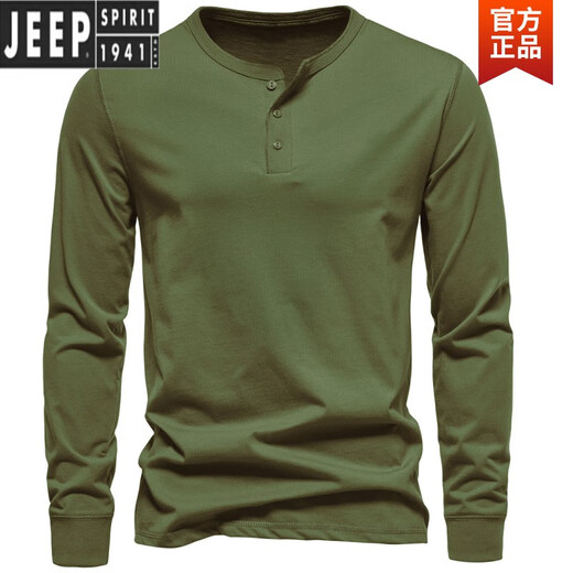JEEP SPIRIT Henley shirt men's spring and autumn heavyweight t-shirt pure long-sleeved Henley collar quality cotton men's business bottoming shirt slim fit top light gray 3XL